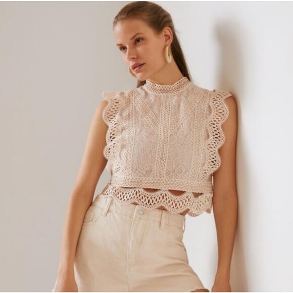 NWT Anthropologie Crochet Lace Crop Top Beige Size Large Boho - Picture 1 of 8